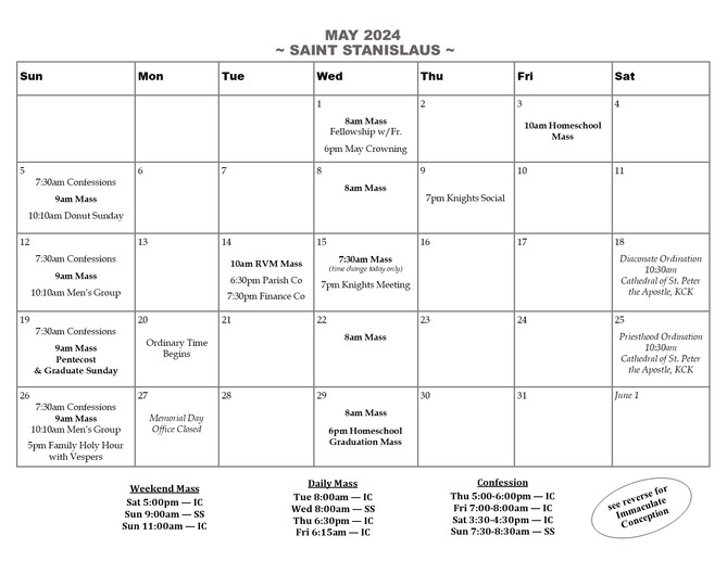 Parish Calendar St. Stanislaus Rossville, KS